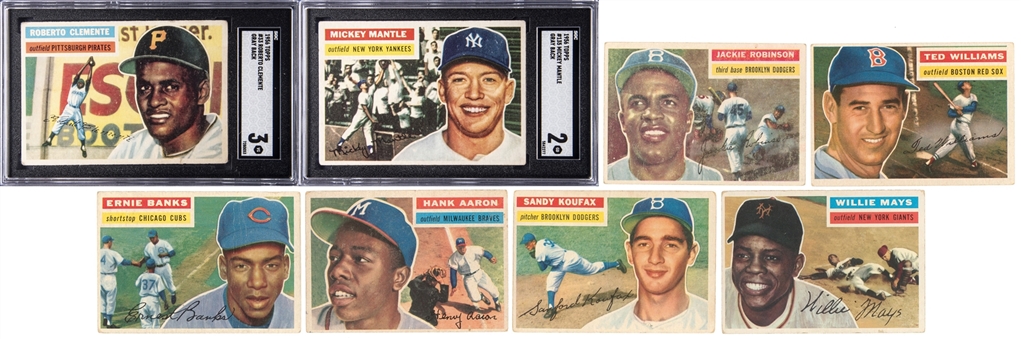 1956 Topps Baseball Complete Set (340) Includes Two Graded Cards - #33 Roberto Clemente SGC VG 3 & #135 Mickey Mantle SGC GD 2